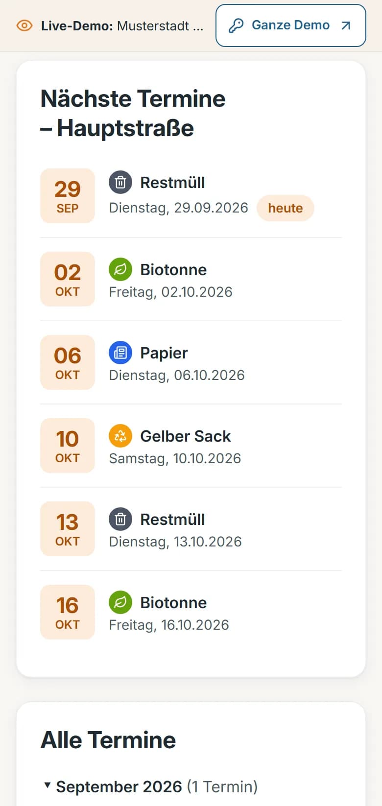 Abfallkalender von Musterstadt: nächste Termine für die Hauptstraße mit Restmüll, Biotonne, Papier und Gelbem Sack