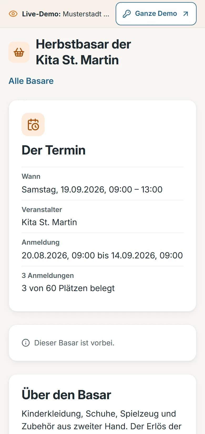 Seite „Herbstbasar der Kita St. Martin“ mit Termin 18.09.2026, Veranstalter, Anmeldezeitraum und 3 von 60 belegten Plätzen