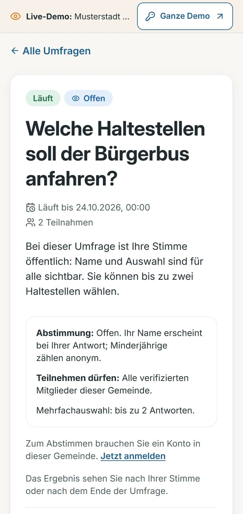 Umfrage „Welche Haltestellen soll der Bürgerbus anfahren?“ mit Status Läuft, Laufzeit, Hinweis zur offenen Abstimmung und dem Kreis der Teilnahmeberechtigten