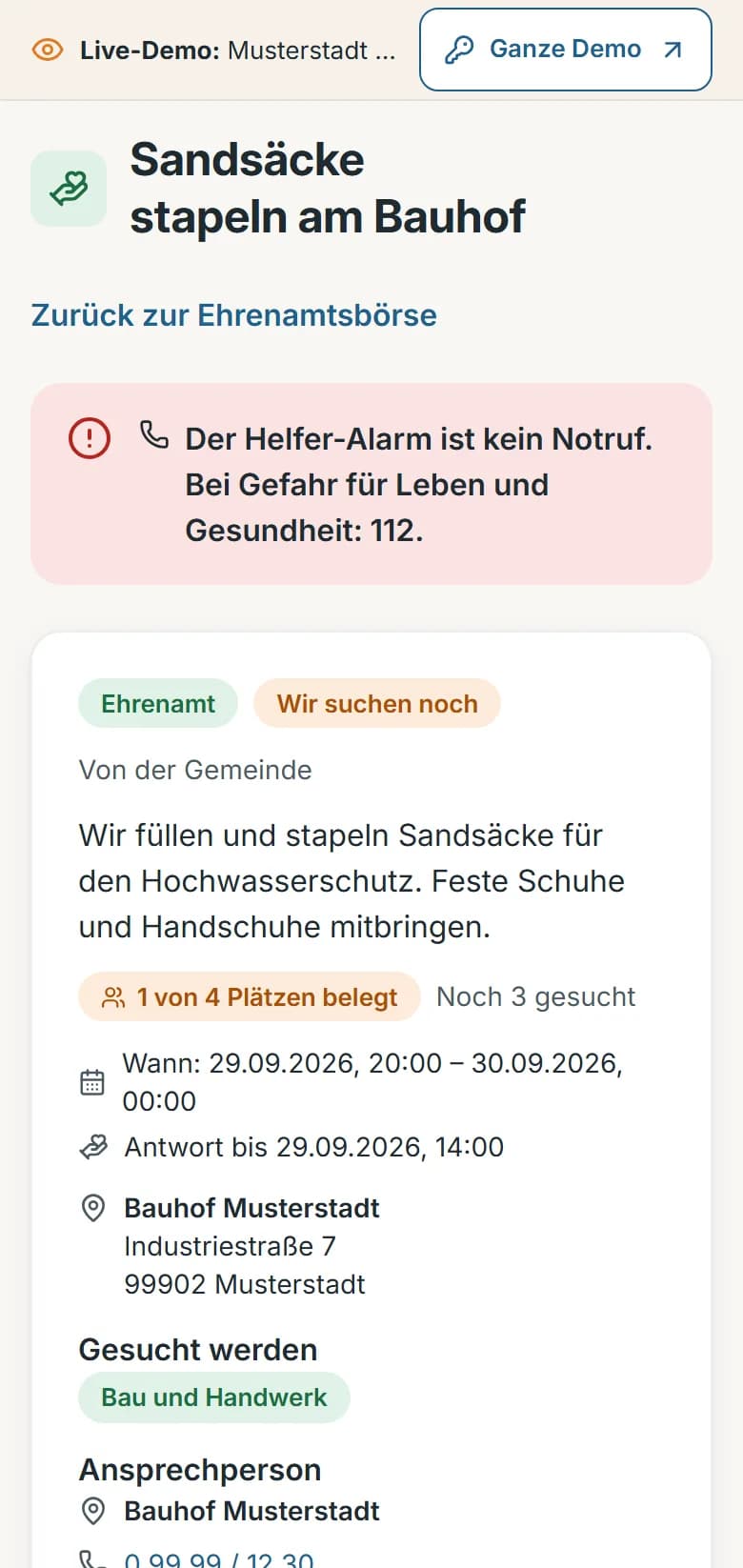 Aufruf „Sandsäcke stapeln am Bauhof“ mit Hinweis auf die 112, Status Wir suchen noch, einer von vier Plätzen belegt, Zeit, Ort und gesuchten Fähigkeiten