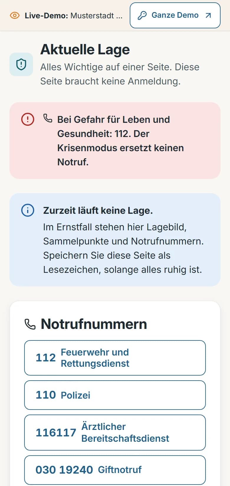 Krisenseite von Musterstadt ohne laufende Lage: Hinweis auf den Notruf 112, „Zurzeit läuft keine Lage“ und die Notrufnummern 112, 110, 116117 und Giftnotruf