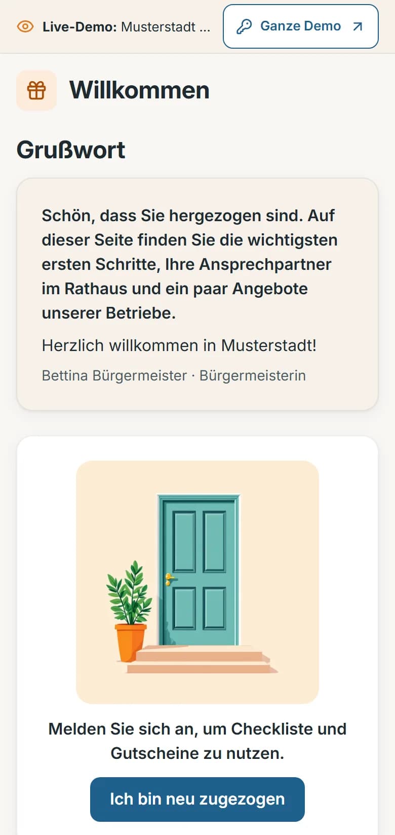Willkommensseite von Musterstadt mit dem Grußwort der Bürgermeisterin und dem Knopf Ich bin neu zugezogen