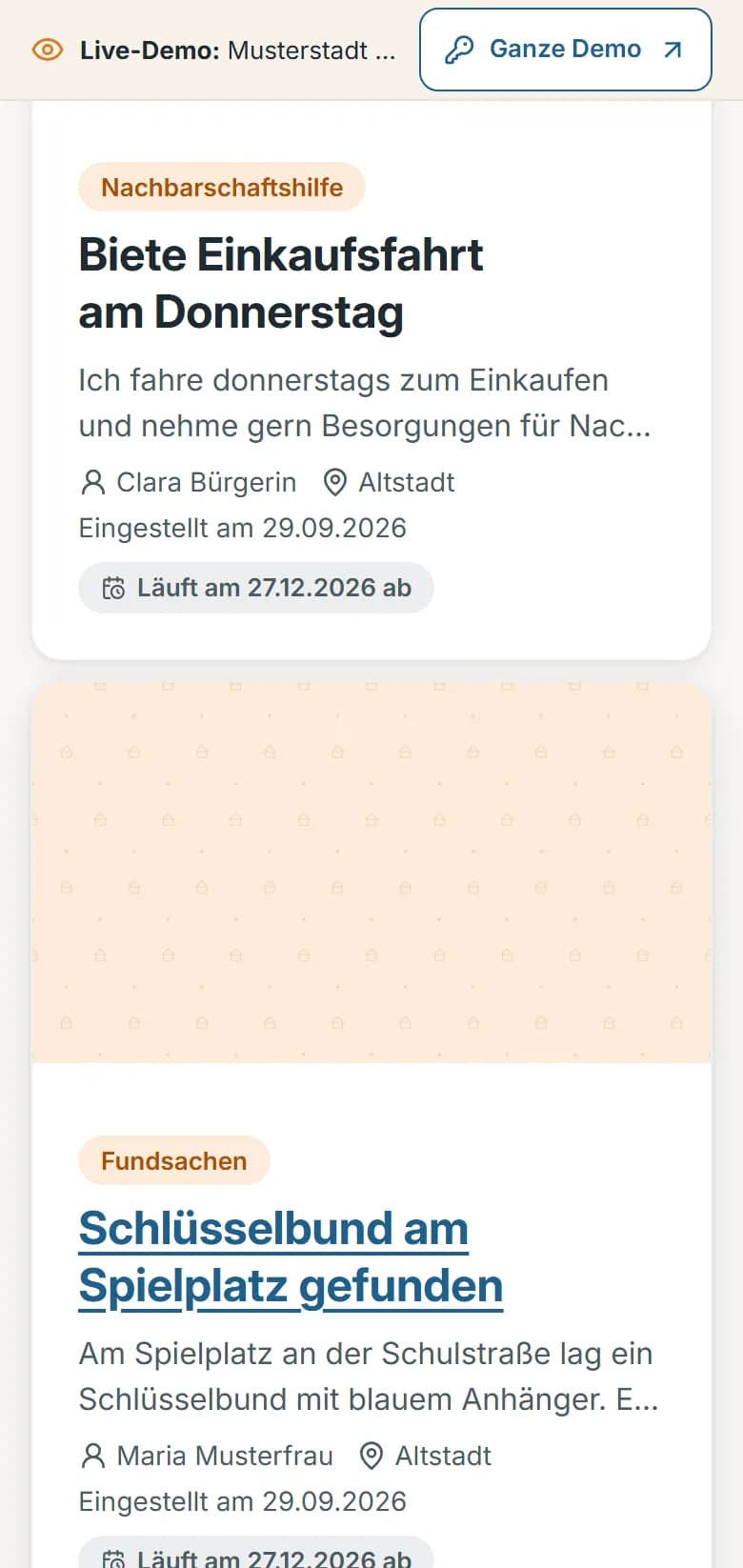 Pinnwand von Musterstadt mit den Zetteln Biete Einkaufsfahrt am Donnerstag und Schlüsselbund am Spielplatz gefunden