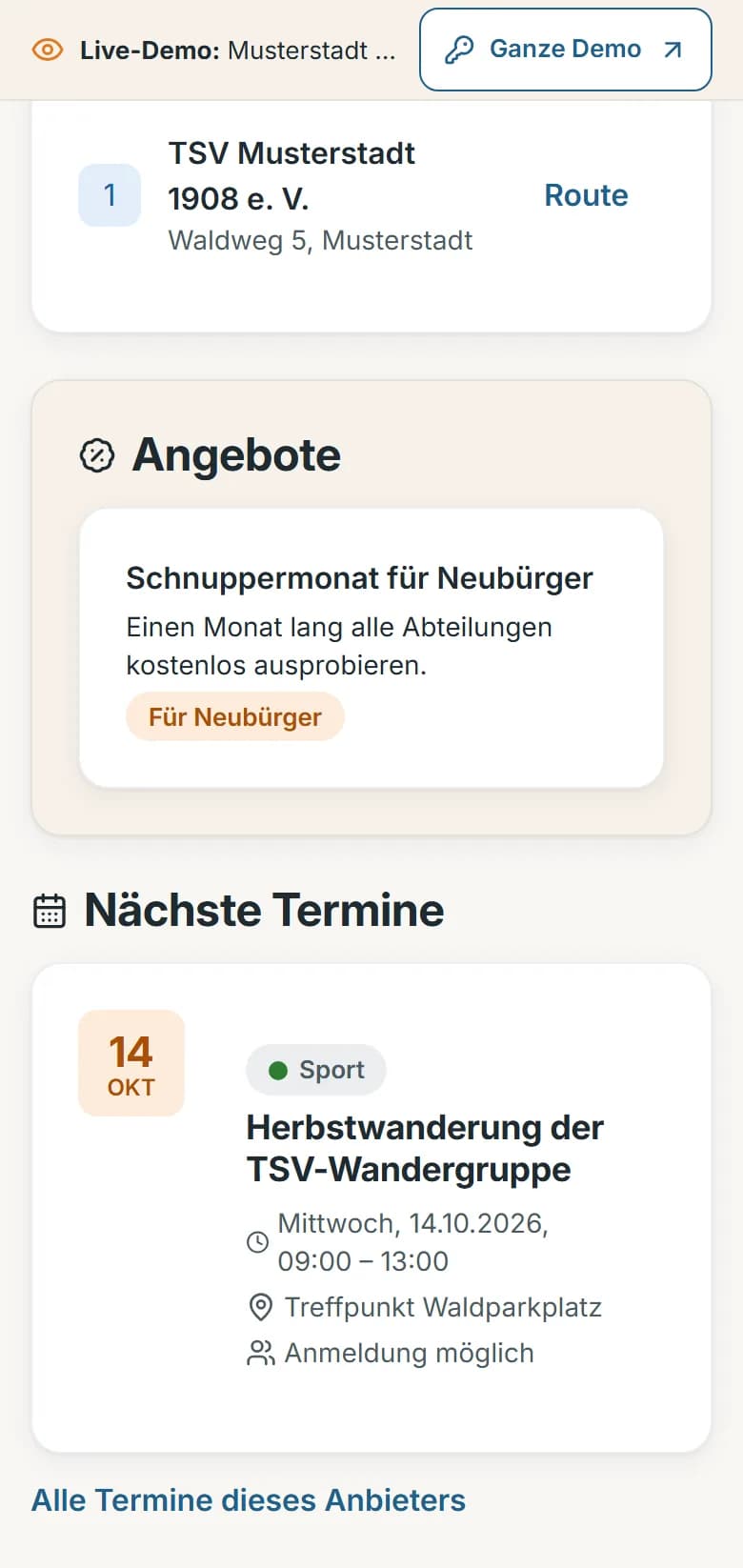 Seite des TSV Musterstadt 1908 im Portal mit dem Angebot „Schnuppermonat für Neubürger“ und den nächsten Terminen, darunter die Herbstwanderung der TSV-Wandergruppe