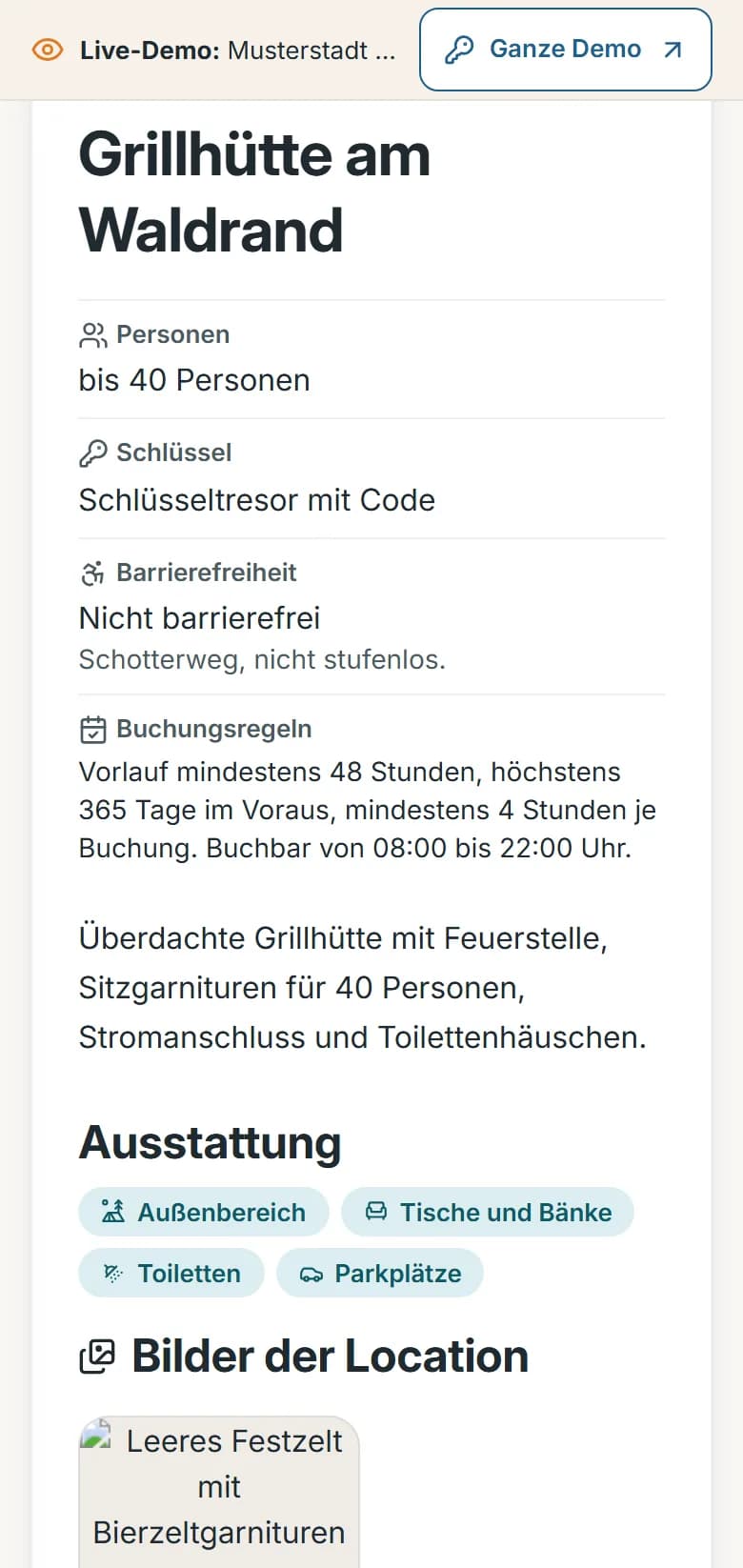 Grillhütte am Waldrand in der Demo-Gemeinde: Gelände, sofort buchbar, bis 40 Personen, Schlüsseltresor mit Code, Angaben zur Barrierefreiheit und Buchungsregeln