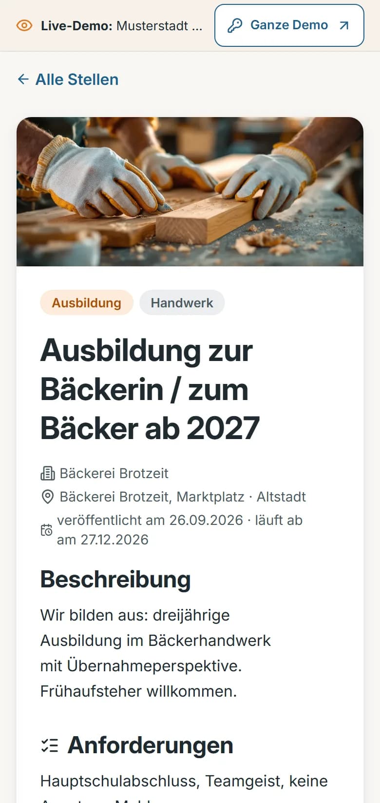 Ausbildungsstelle in der Demo-Gemeinde Musterstadt: Ausbildung zur Bäckerin oder zum Bäcker ab 2027 mit Bild, Kennzeichnung „Ausbildung“, Arbeitgeber, Ort, Laufzeit und Beschreibung