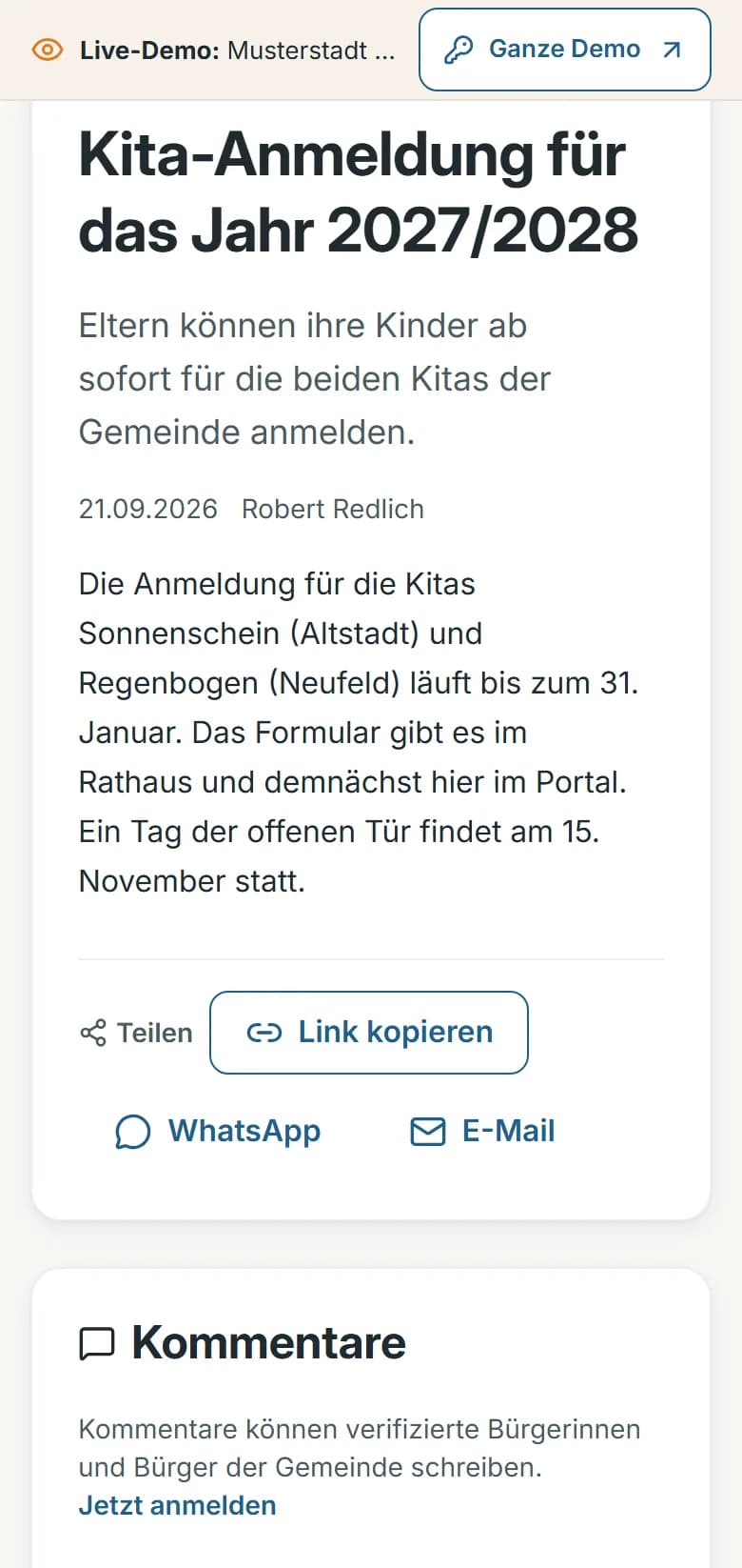 Geöffnete Meldung „Kita-Anmeldung für das Jahr 2027/2028“ mit Vorspann, Datum, Text, Teilen-Knöpfen und dem Bereich Kommentare