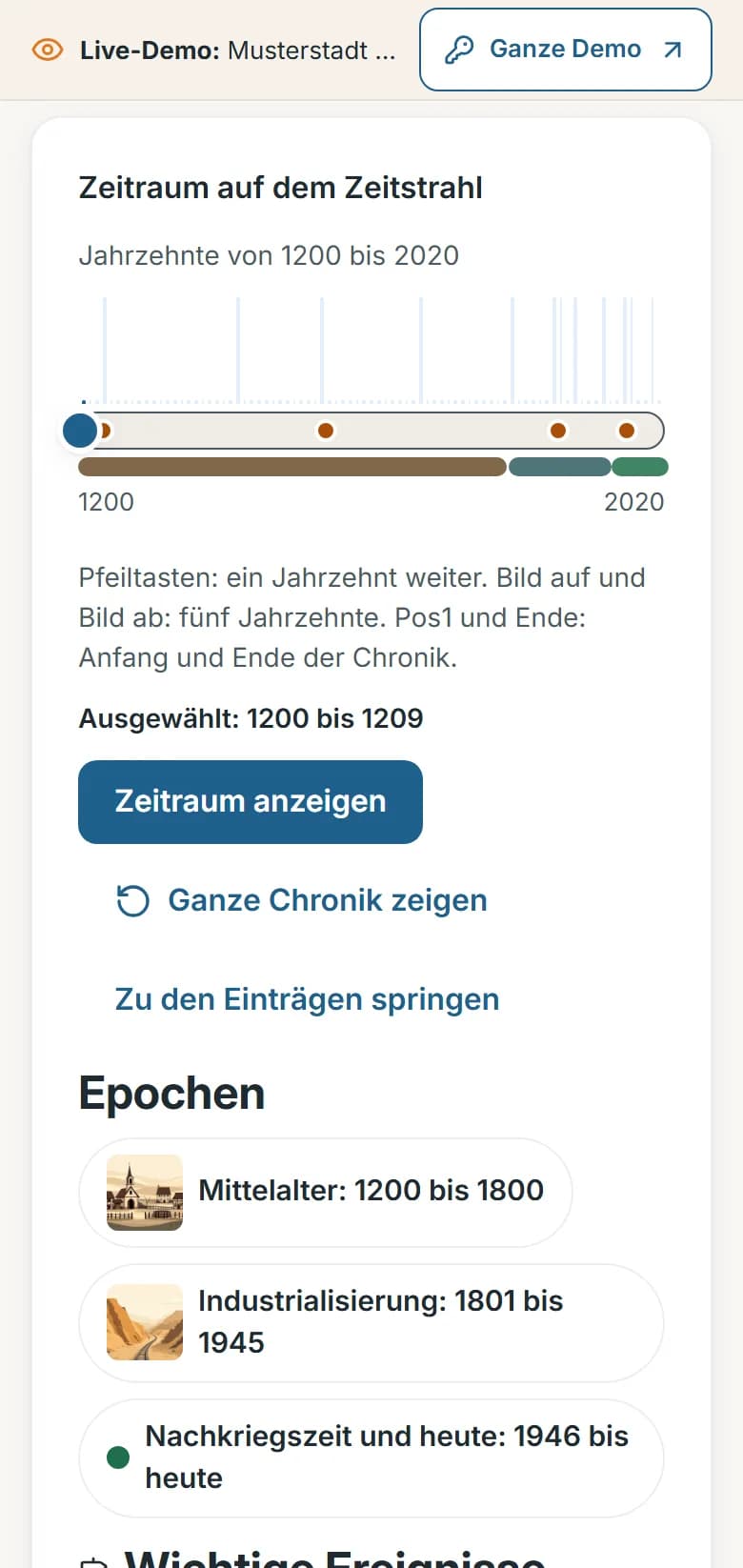 Zeitreise von Musterstadt mit dem Zeitstrahl von 1200 bis 2020 und den Epochen Mittelalter, Industrialisierung und Nachkriegszeit