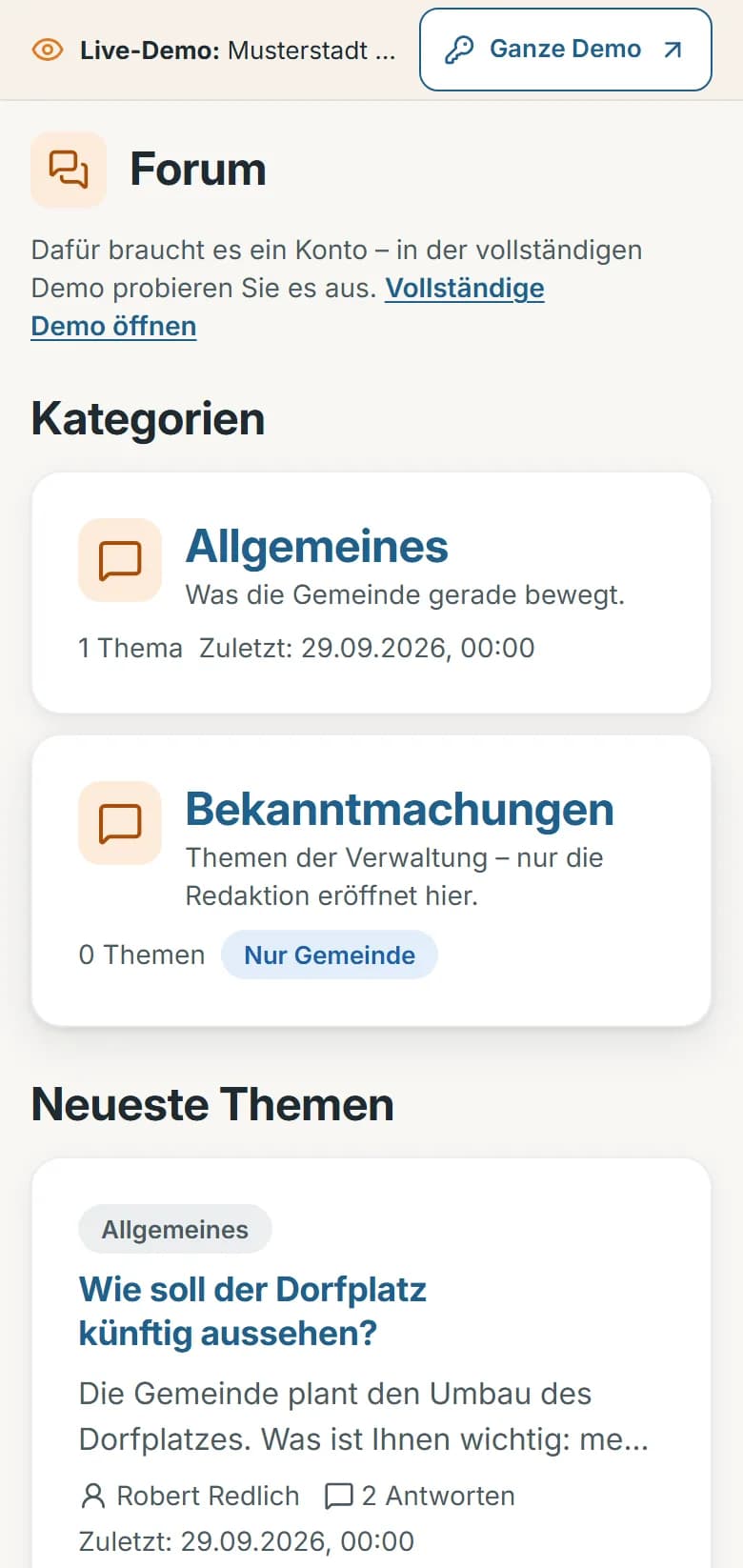 Forum von Musterstadt mit den Kategorien Allgemeines und Bekanntmachungen, nur Gemeinde, und den neuesten Themen