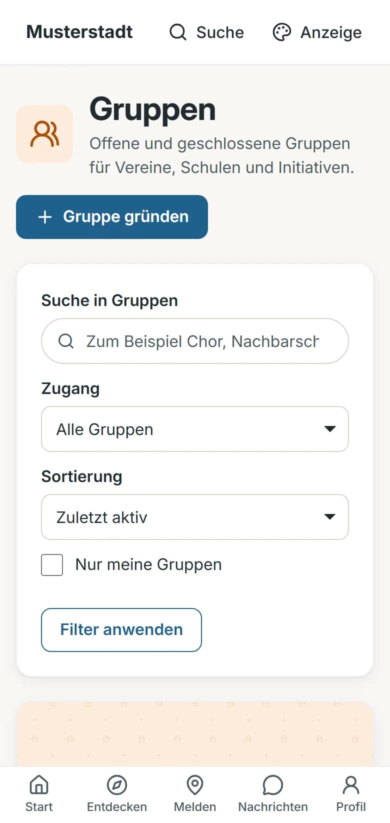 Gruppen von Musterstadt mit dem Knopf Gruppe gründen und der Suche in Gruppen
