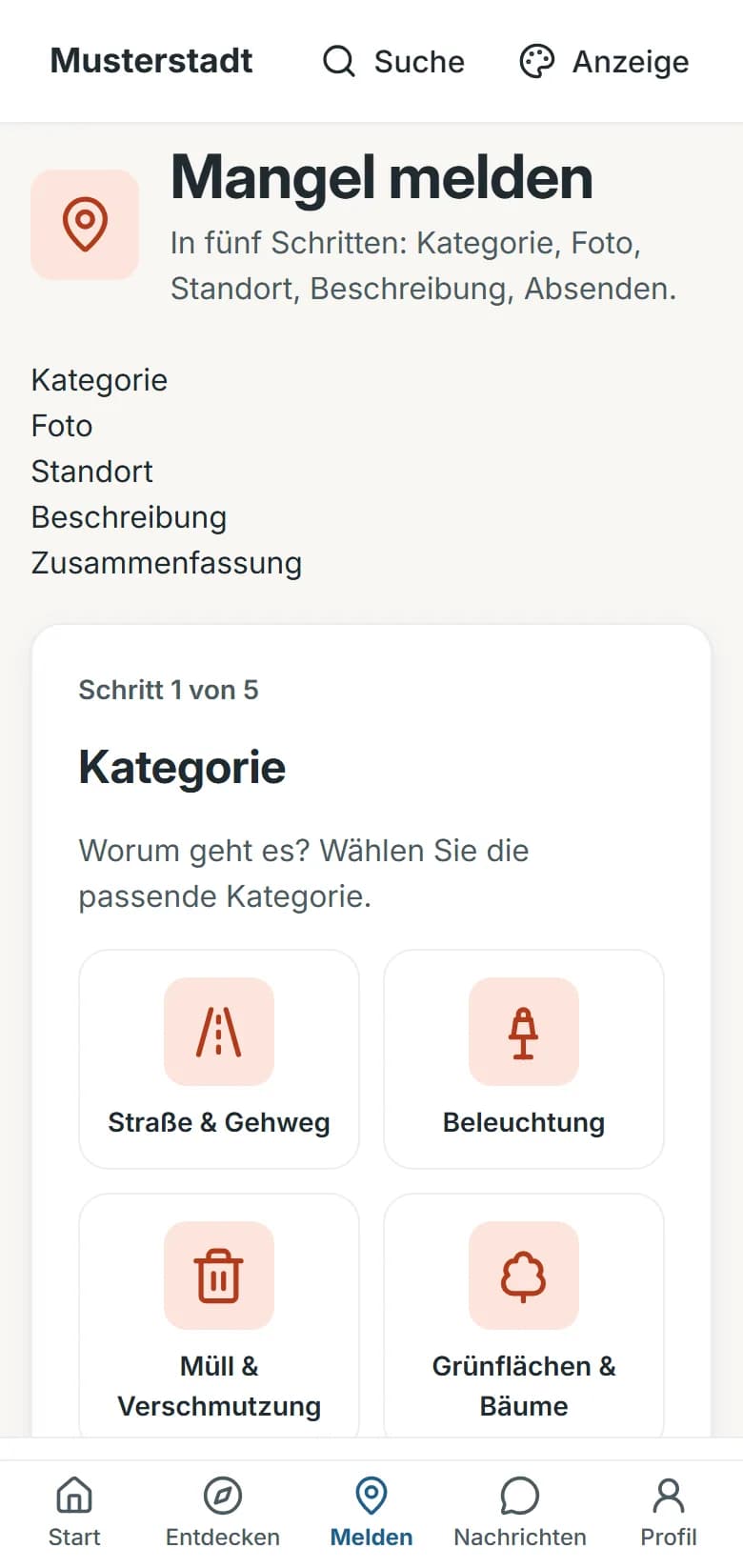 Mängelmelder in Musterstadt auf dem Smartphone: „Mangel melden“ mit dem ersten von fünf Schritten, der Wahl der Kategorie