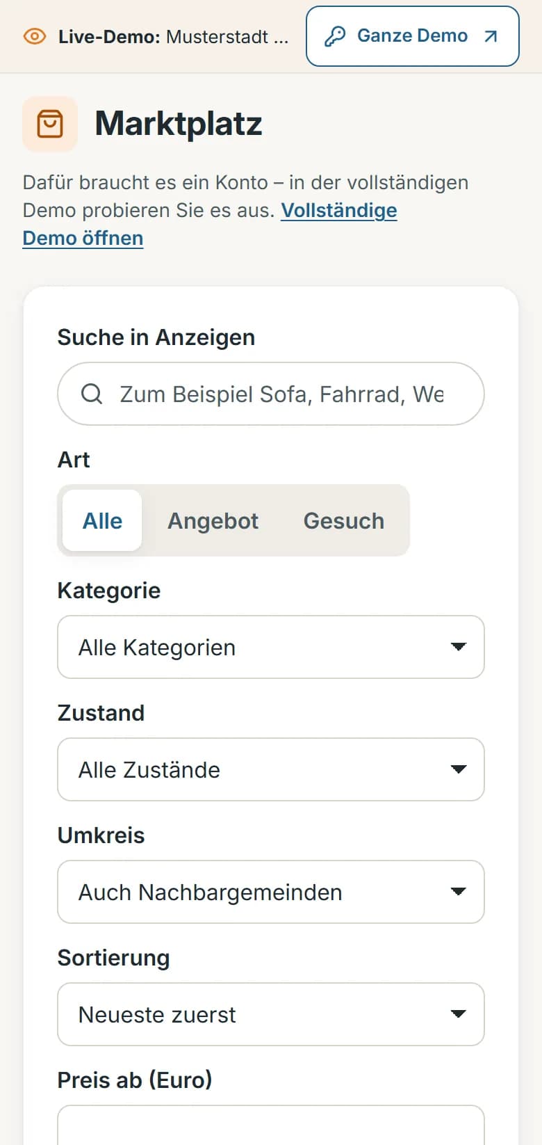 Marktplatz von Musterstadt mit Suche und den Filtern Art, Kategorie, Zustand, Umkreis und Sortierung