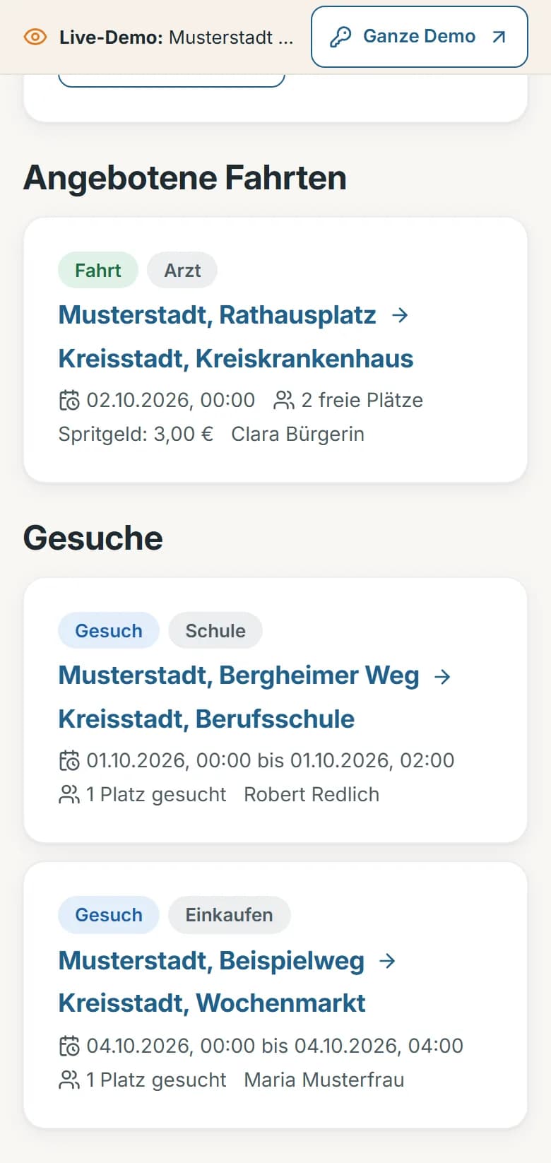 Mitfahrbörse mit der angebotenen Fahrt Rathausplatz – Kreiskrankenhaus und zwei Gesuchen