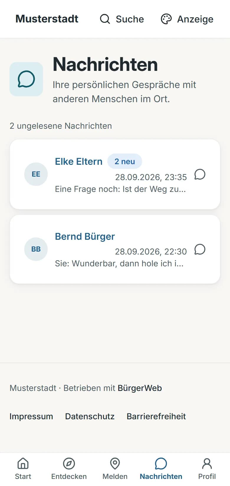 Nachrichten von Birgit Bürger mit zwei Unterhaltungen, eine davon mit zwei neuen Nachrichten