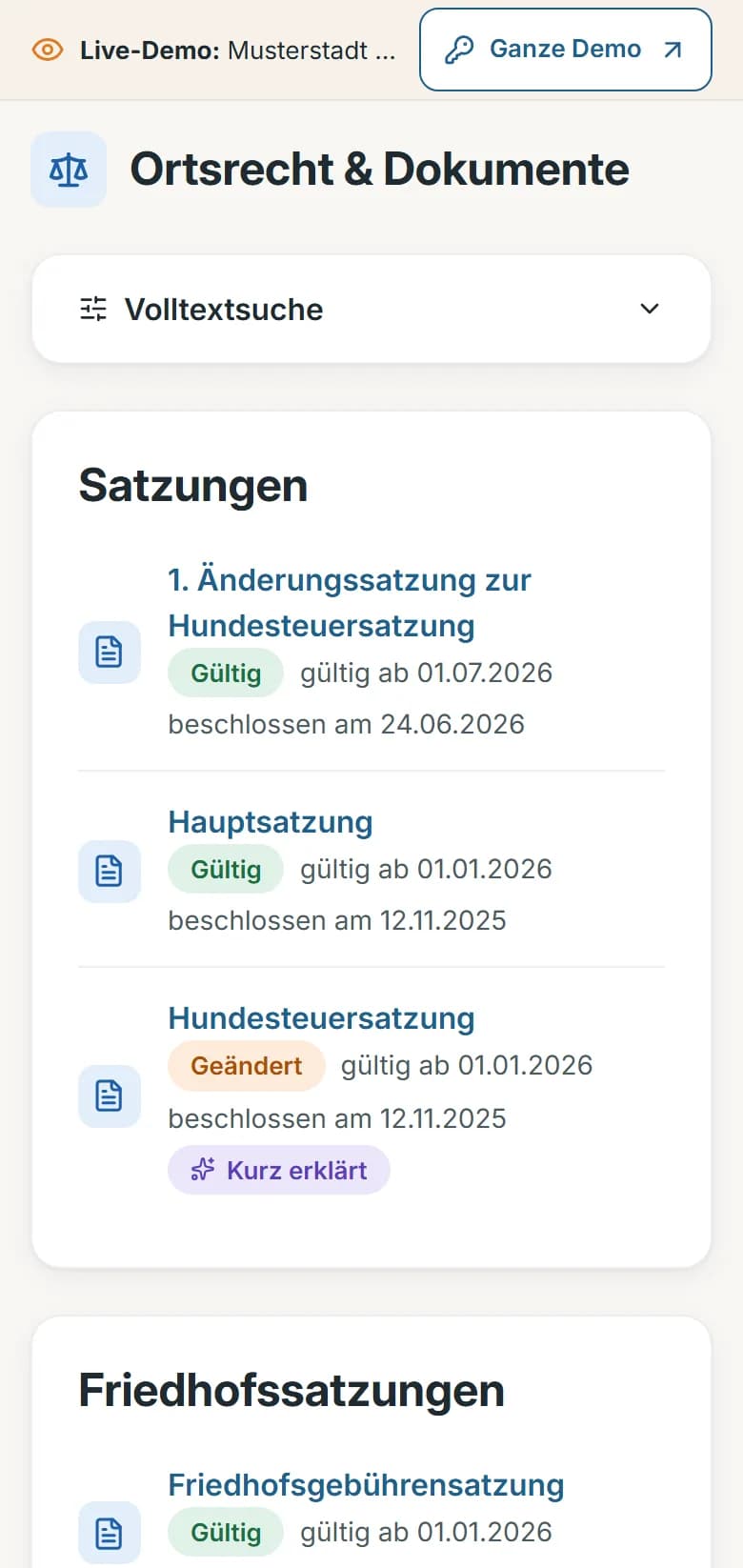 Ortsrecht & Dokumente von Musterstadt: Satzungen mit Änderungssatzung, Hauptsatzung und Hundesteuersatzung, jeweils mit Status und Geltung