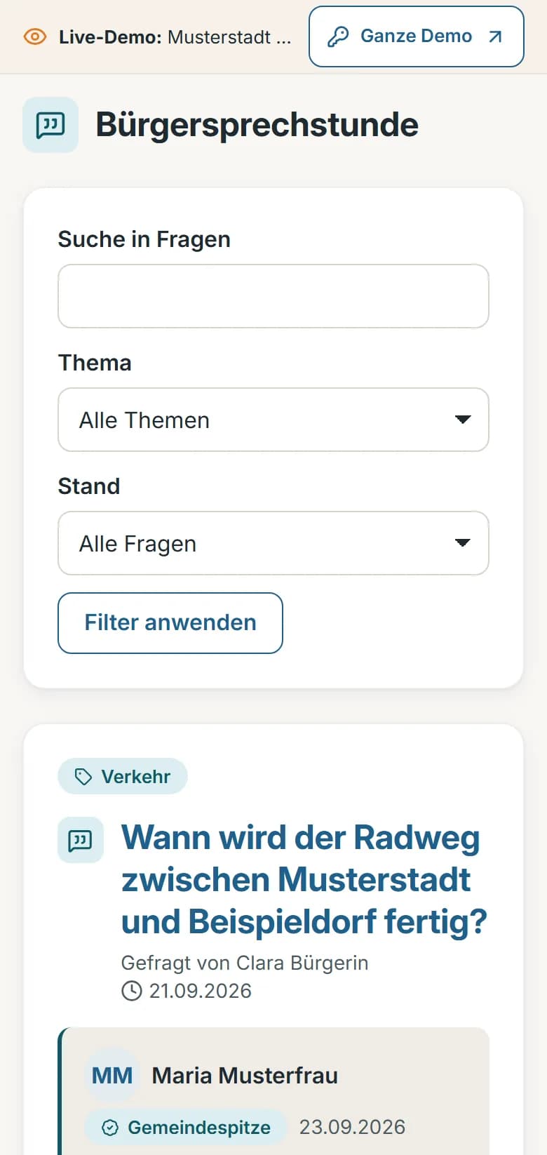 Bürgersprechstunde von Musterstadt mit Suche, Thema, Stand und der ersten Frage zum Radweg samt Antwort