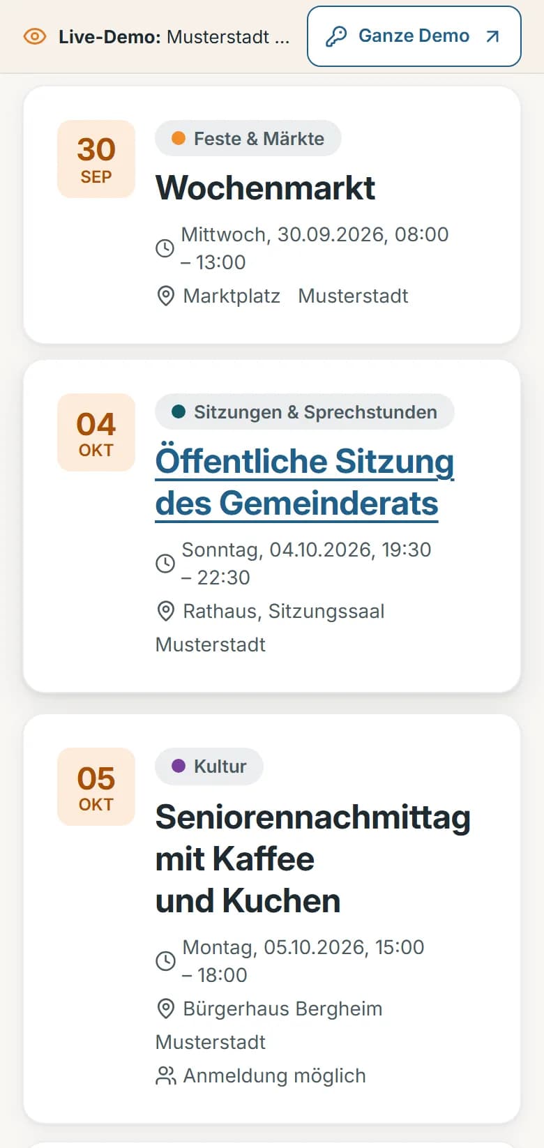 Terminliste von Musterstadt mit Wochenmarkt, öffentlicher Sitzung des Gemeinderats und Seniorennachmittag mit Anmeldung
