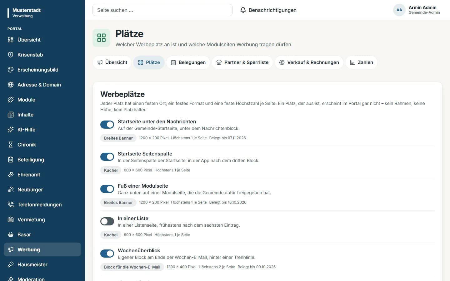 Verwaltung, Werbung, Plätze mit Schaltern für die Werbeplätze, jeweils mit Beschreibung, Format und Höchstzahl